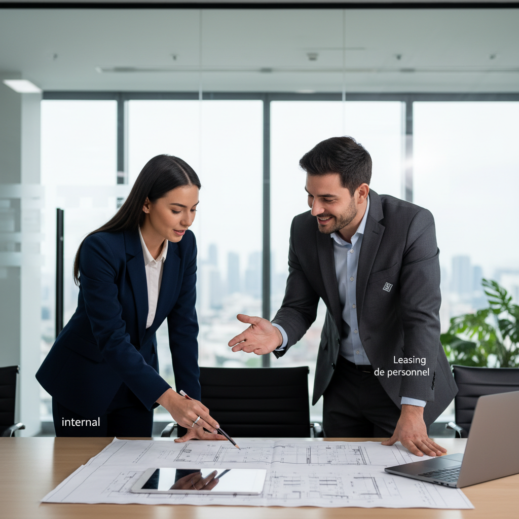 Professionnels collaborant sur un projet : partenariat interne et externe.