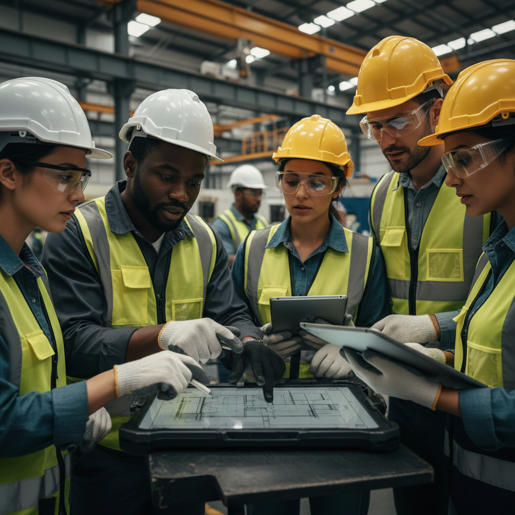 Groupe diversifié d'ouvriers industriels examinant des plans sur une tablette.