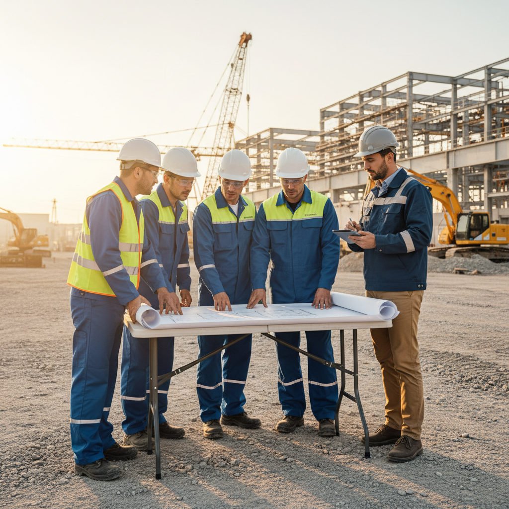 Travailleurs roumains qualifiés sur un site industriel français avec un ingénieur.