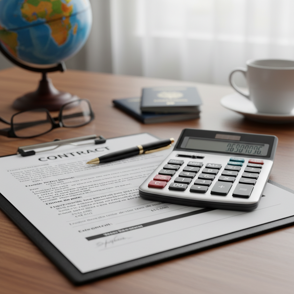 Contrat et calculatrice sur un bureau, symbolisant les budgets.