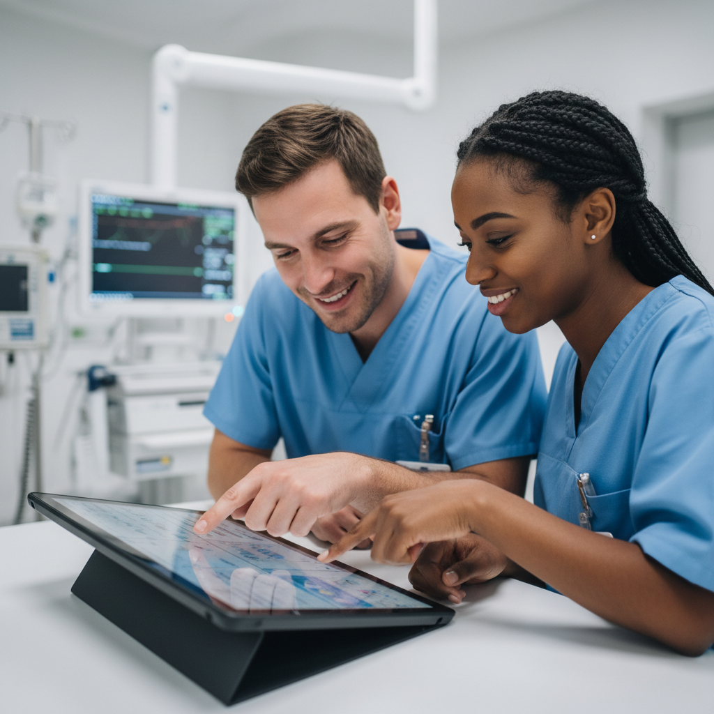 Médecin français et infirmière roumaine collaborent en soins intensifs.