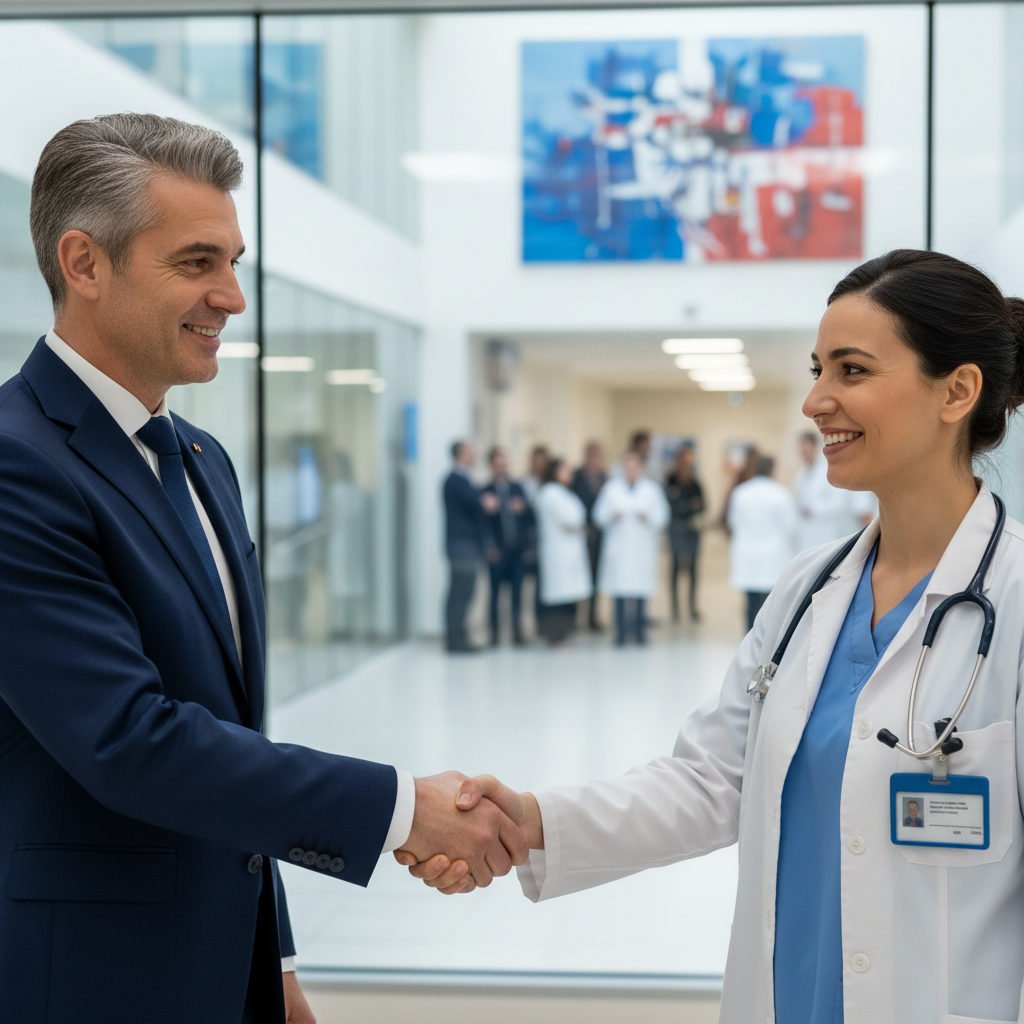 Poignée de main entre un manager français et un professionnel roumain.