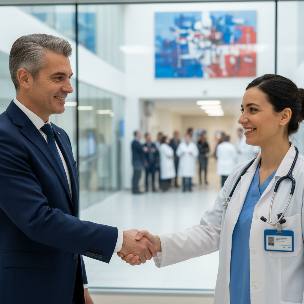 Poignée de main entre un manager français et un professionnel roumain.