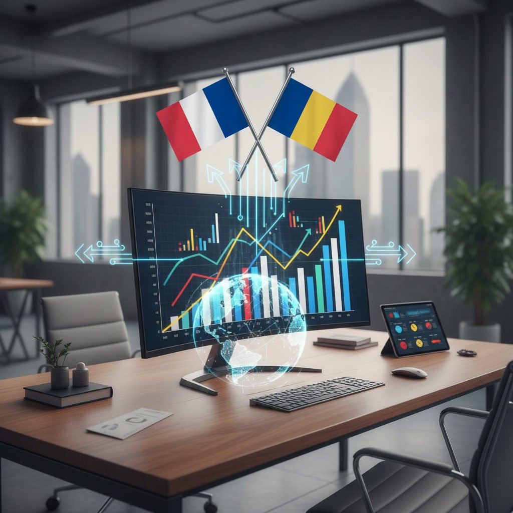 Croissance économique France-Roumanie symbolisée par des drapeaux et des graphiques.