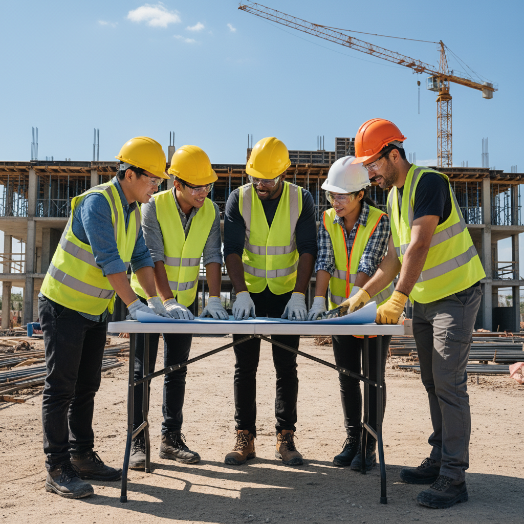 Ouvriers divers discutant autour de plans sur un chantier.